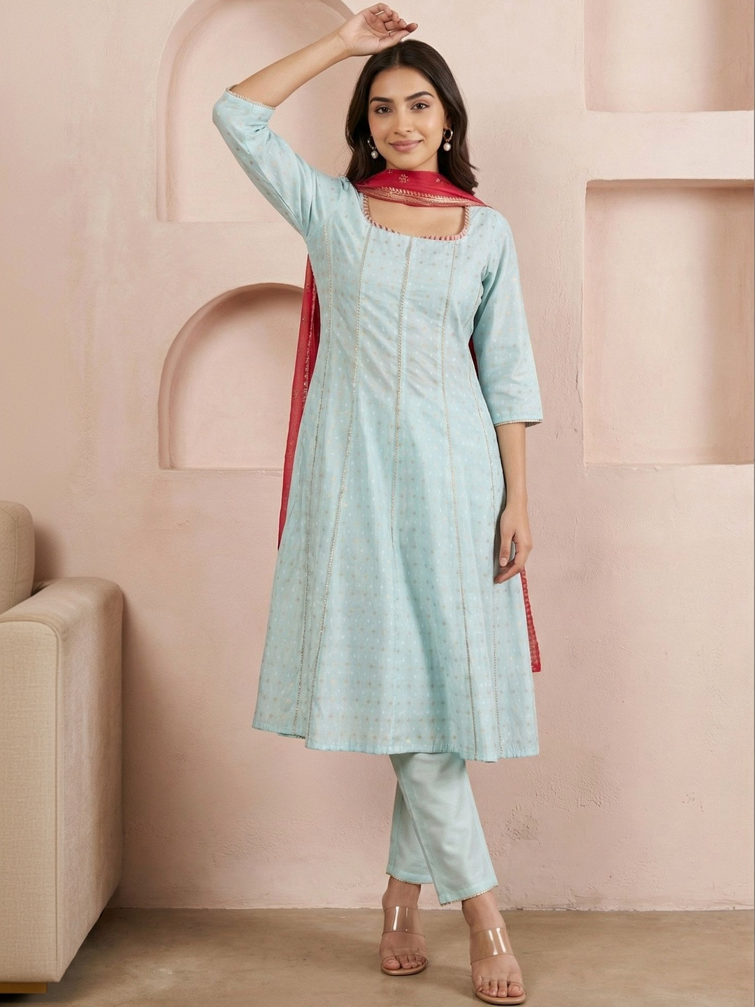 AURELIA Women Ethnic Motifs Printed Regular Thread Work Kurta with Trousers & With Dupatta