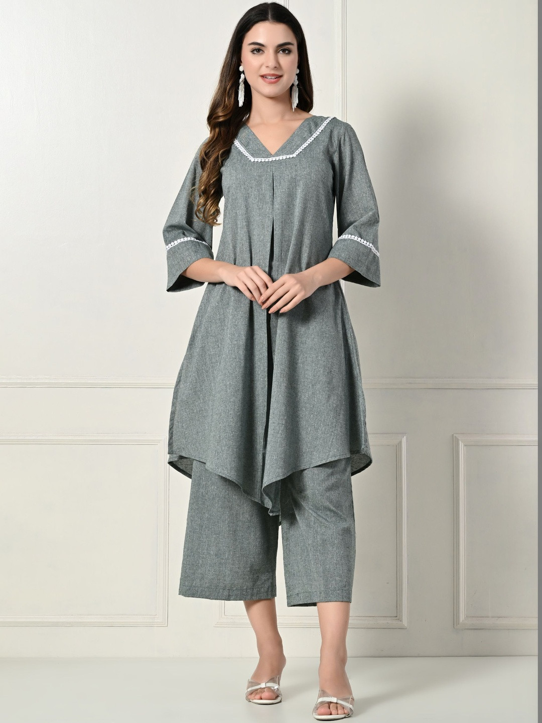 KALINI Women Regular Thread Work Pure Cotton Kurta with Trousers