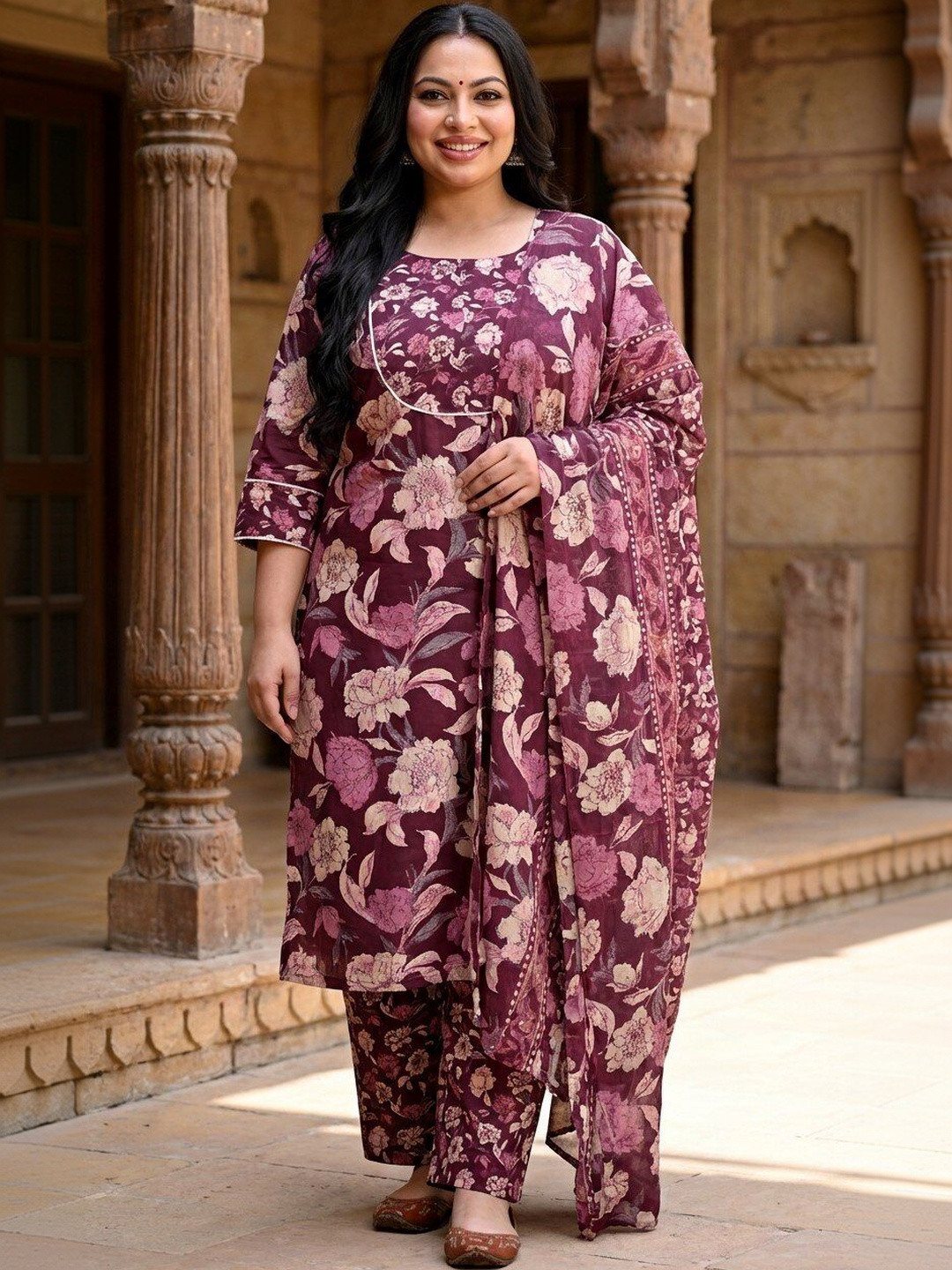 Sztori Women Floral Printed Regular Pure Cotton Kurta with Trousers & With Dupatta