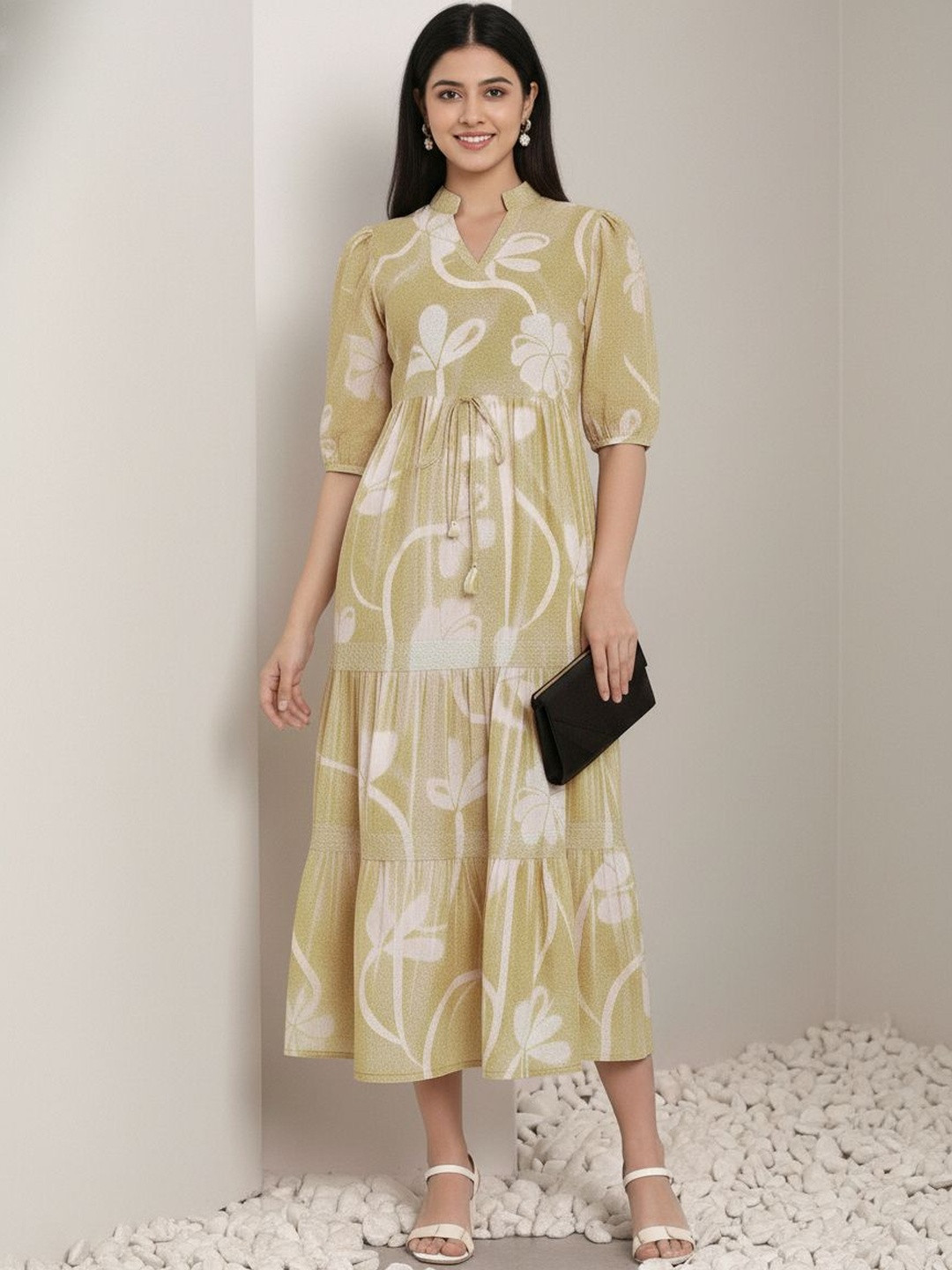 Moda Rapido Floral Print Puff Sleeve Crepe Fit & Flare Midi Dress