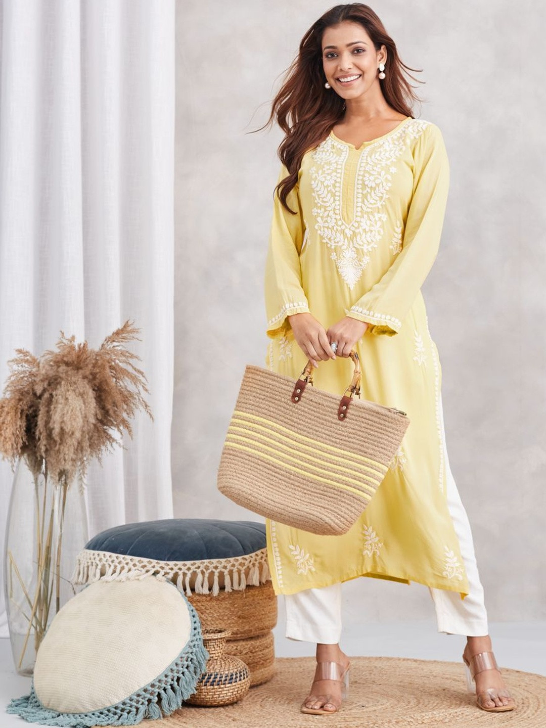 Karicraft Soft lemon Yellow Modal Chikankari kurta With Embroidery