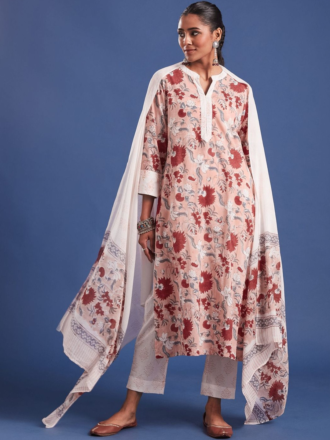 Taavi Sanganeri Printed Cotton Kurta & Trousers With Dupatta