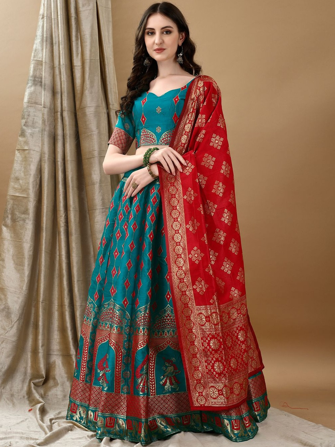 JIVUBA Thread Work Block Print Ready to Wear Lehenga & Unstitched