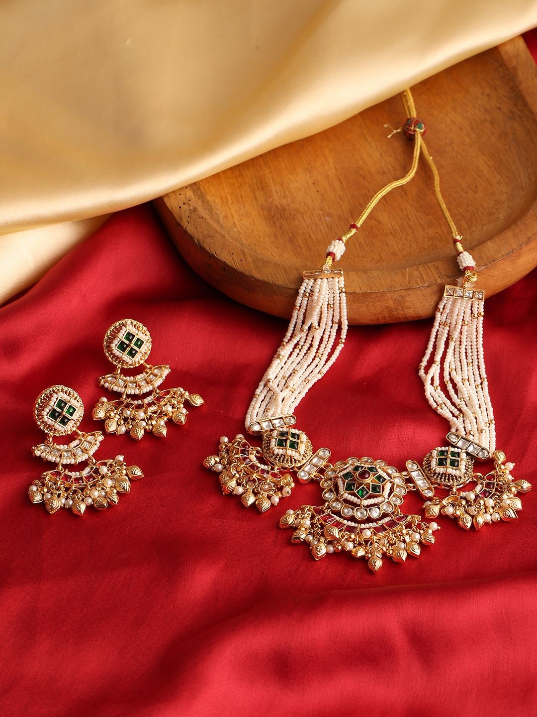 Biba Gold-Plated Stone Studded & Beaded Necklace and Earrings
