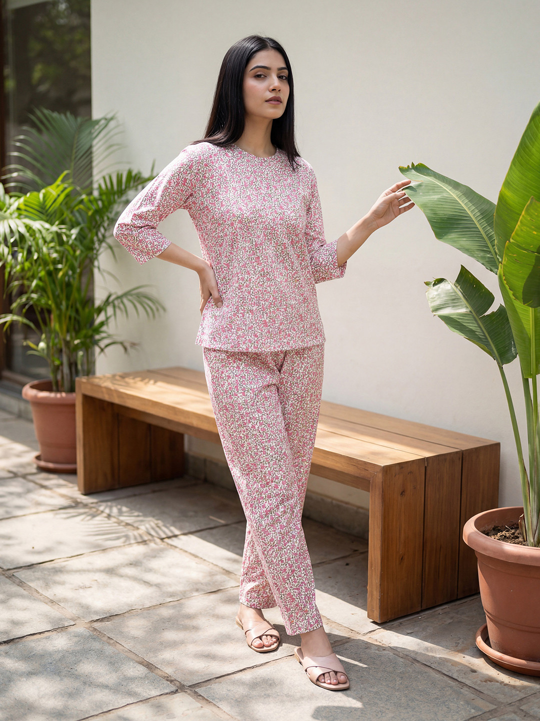 Bannos Swagger Pink Floral Printed Pure Cotton Night Suit