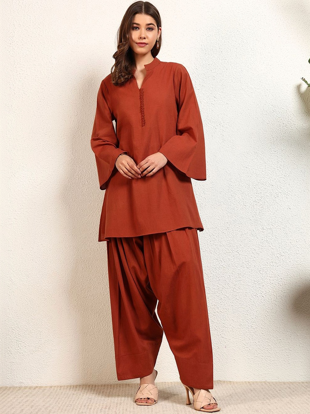 DEEBACO Cotton Solid Tunic with Trousers