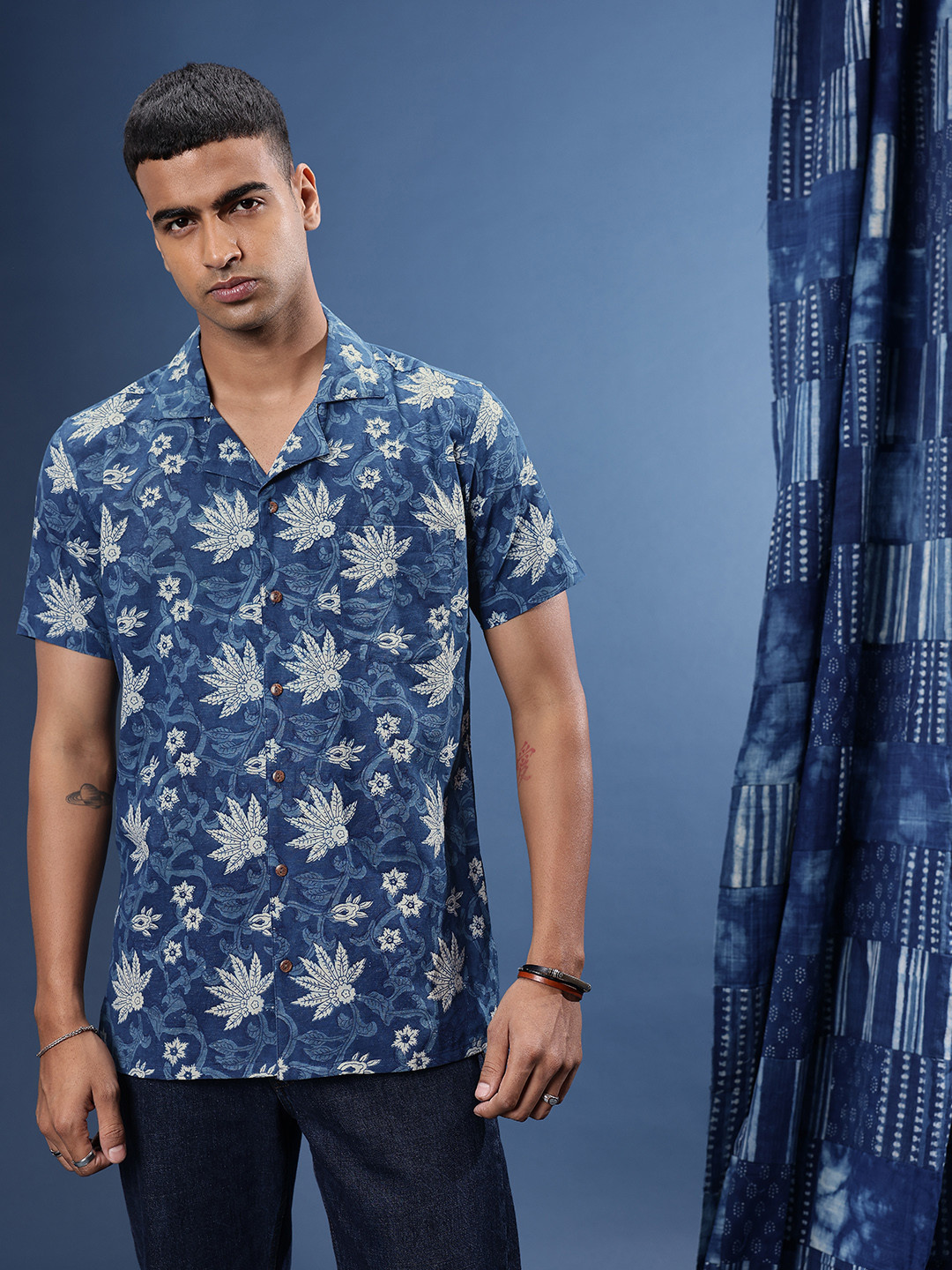 Taavi Men Comfort Indigo Hand Block Printed Floral Pure Cotton Casual Shirt