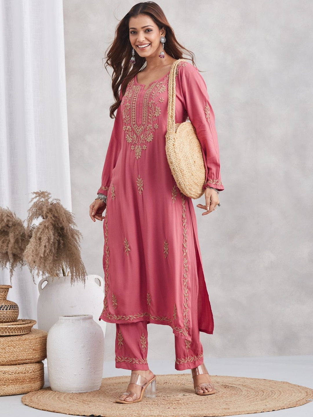 Karicraft Modal Rust Chikankari Gold Embroidered Kurta Set