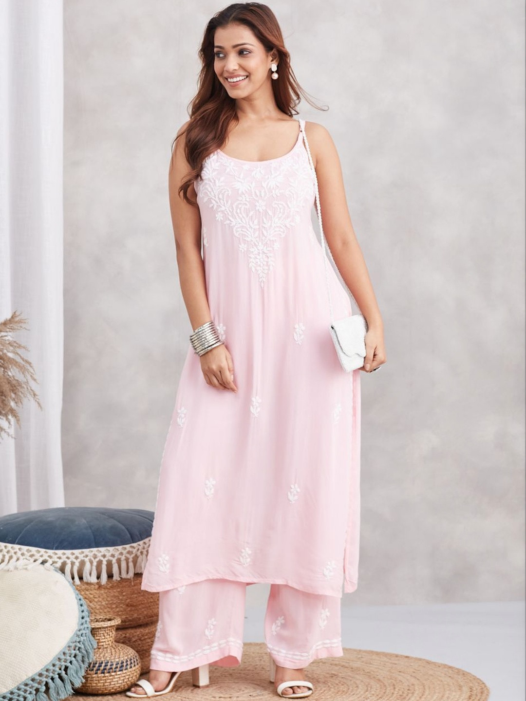 Karicraft Pastel Pink Modal Strappy Chikankari Kurta Set