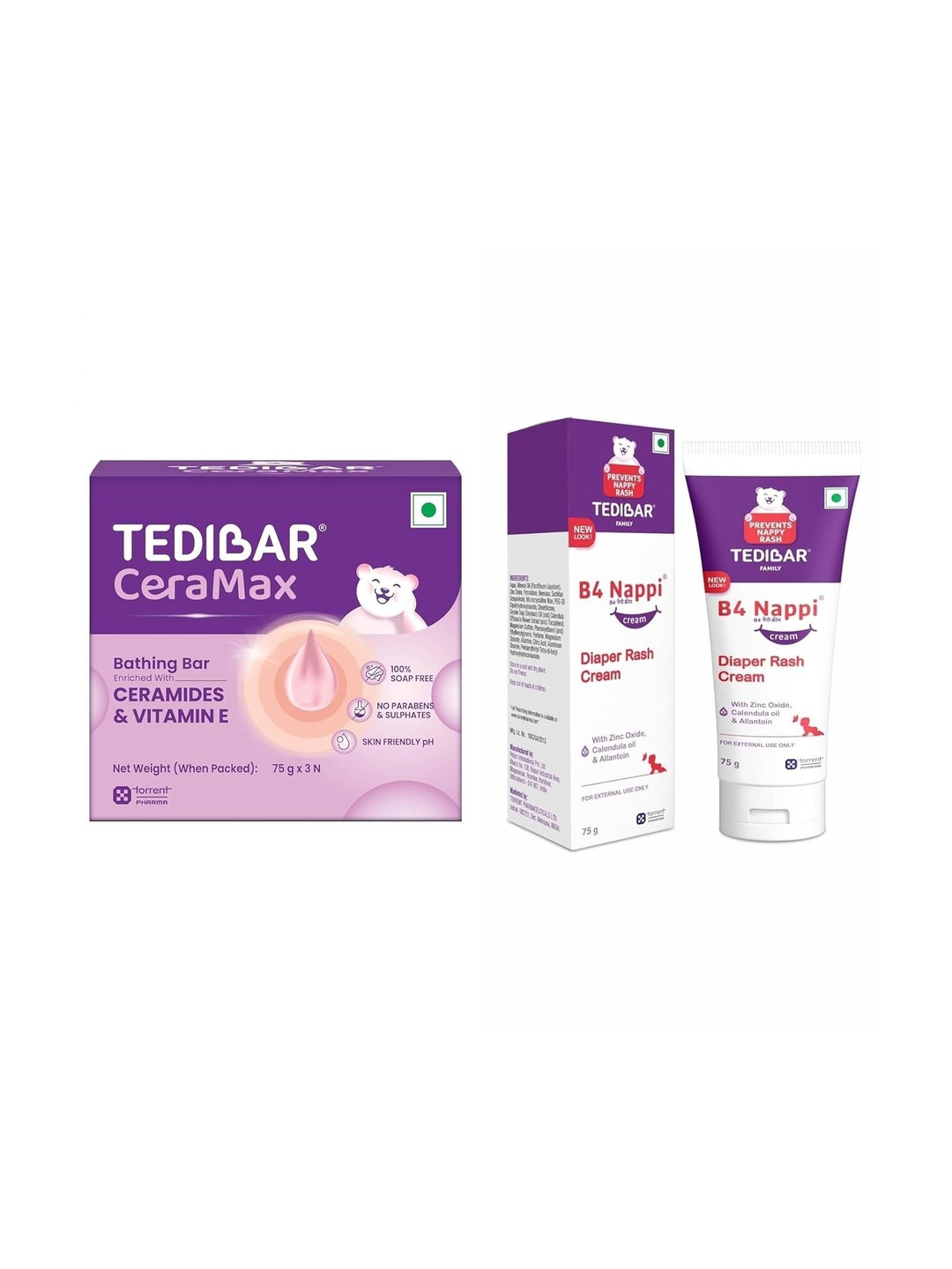 Tedibar Set Of 2 Ceramax Bathing Bar 75 g Each & B4 Diaper Rash Prevention Cream - 75 g
