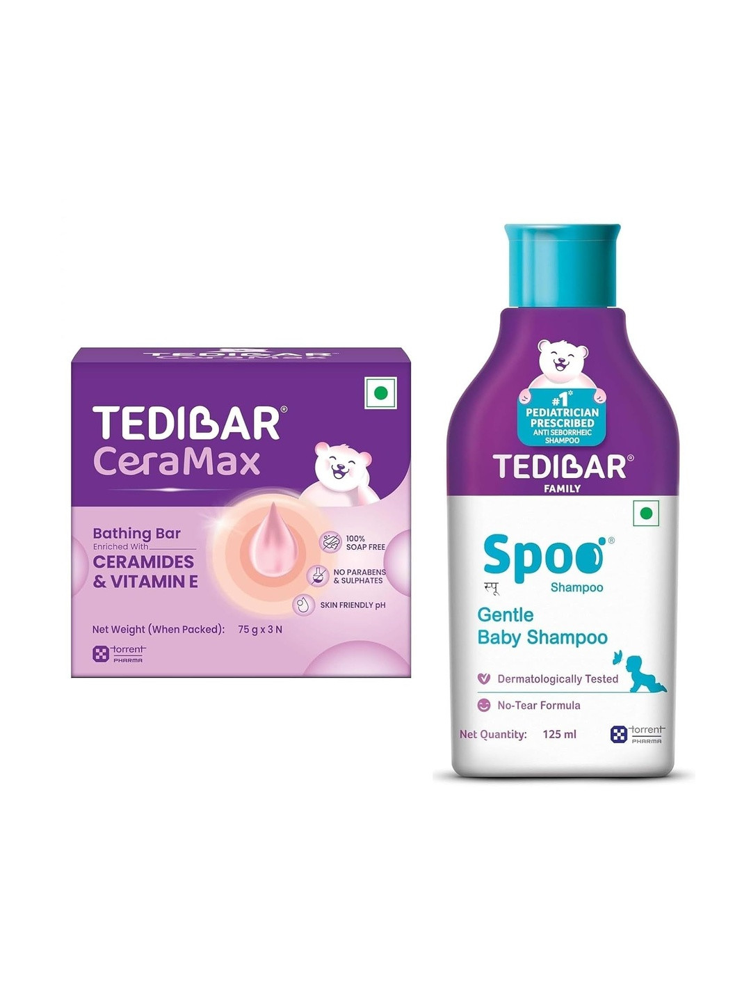 Tedibar Set Of 2 Ceramax Bathing Bar 75 g Each & Spoo No-Tear Baby Shampoo - 125 ml