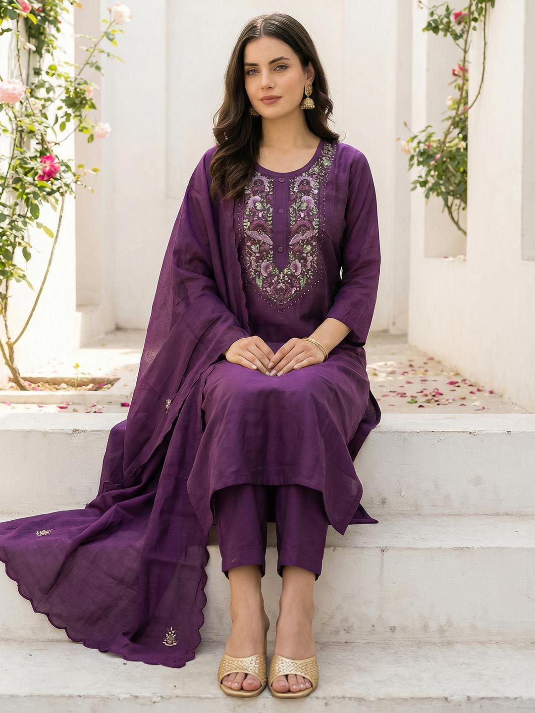Indo Era Women Ethnic Motifs Regular Thread Work Kurta with Trousers & With Dupatta