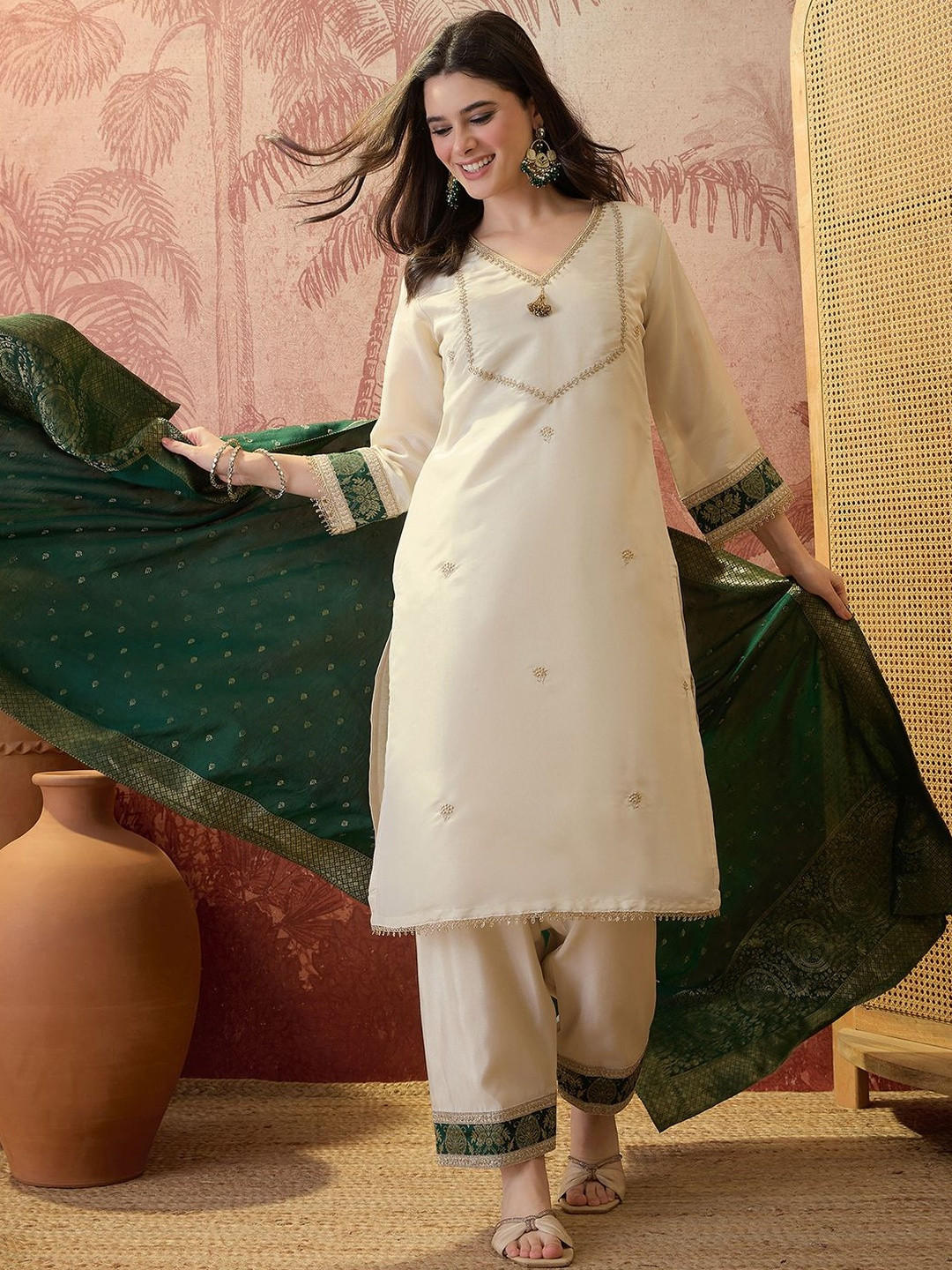 Sangria Embroidered V-Neck Kurta Trousers & Dupatta