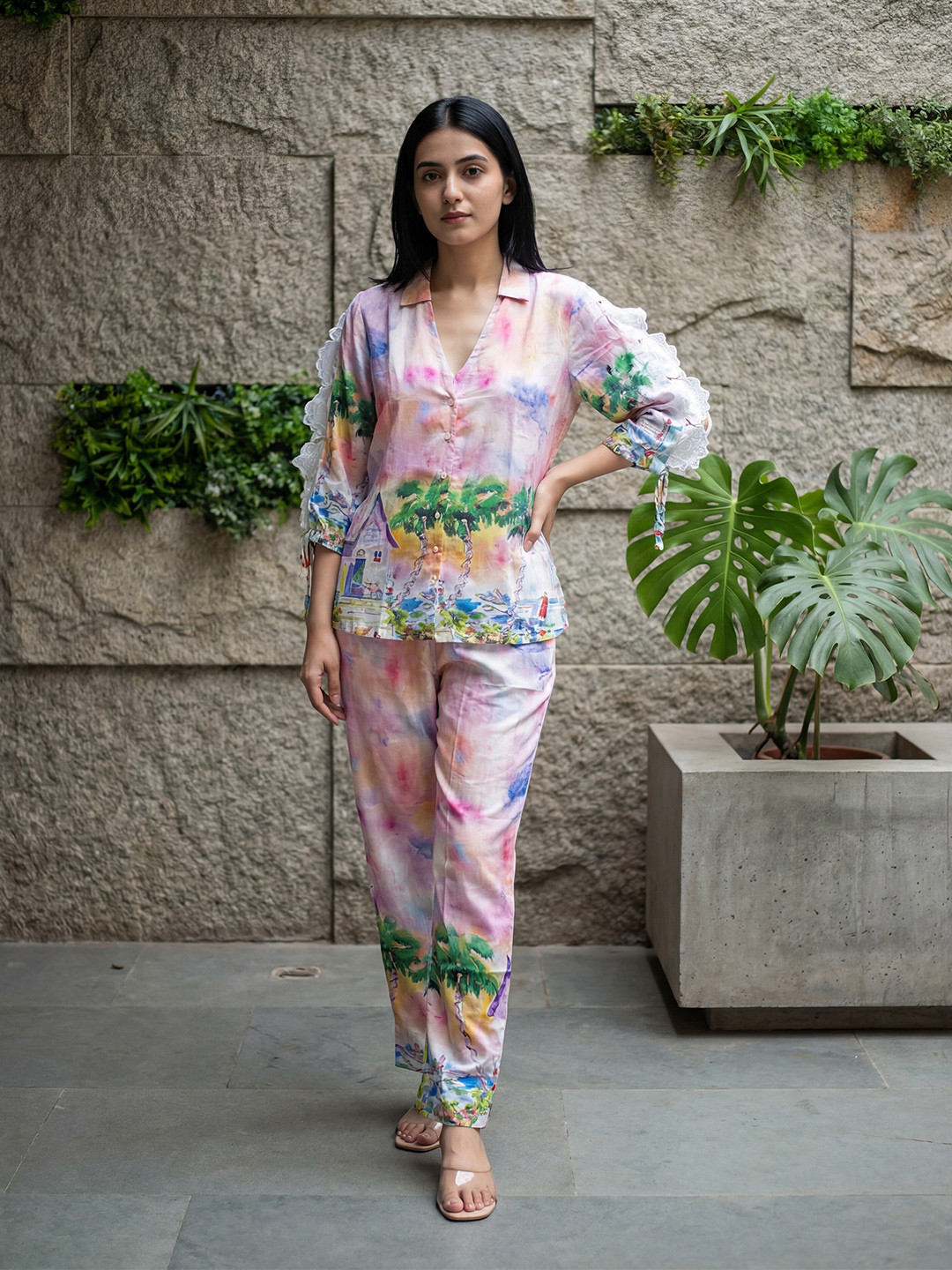 Bannos Swagger Pink Graphic Printed Shirt Collar Top With Pyjamas