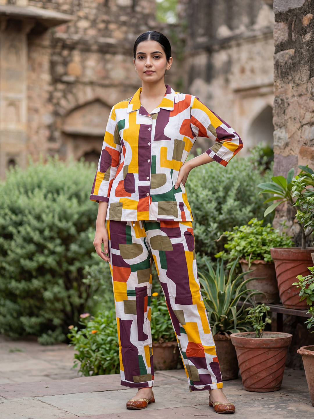 Bannos Swagger Geometric Printed Pure Cotton Shirt With Lounge Pant