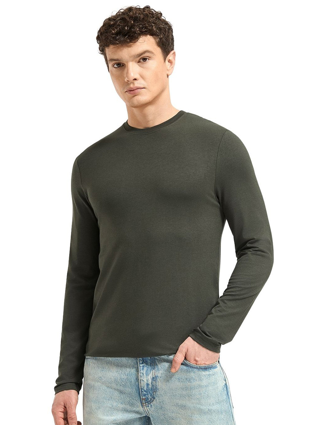 Wellbi Olive Bamboo Cotton Round Neck Full Sleeve T-shirt for Casual Everyday Wear