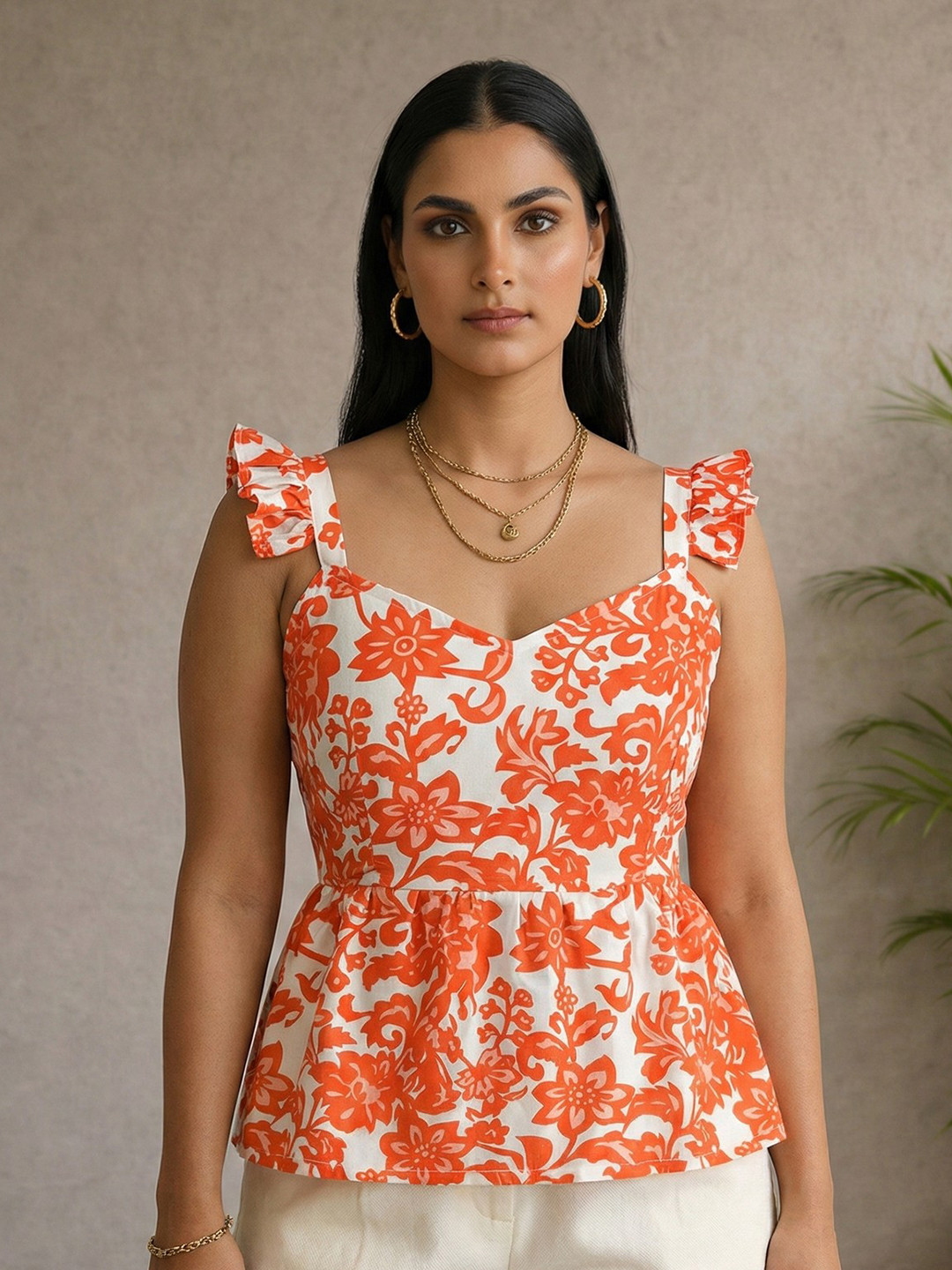 NiloBerry Floral Print Sweetheart Neck Peplum Top