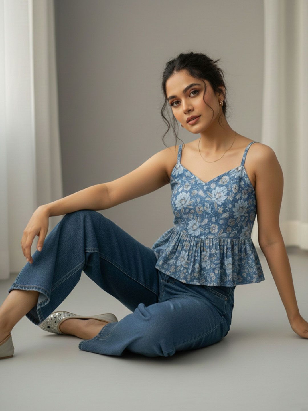 Varanga Floral Print Peplum Crop Top