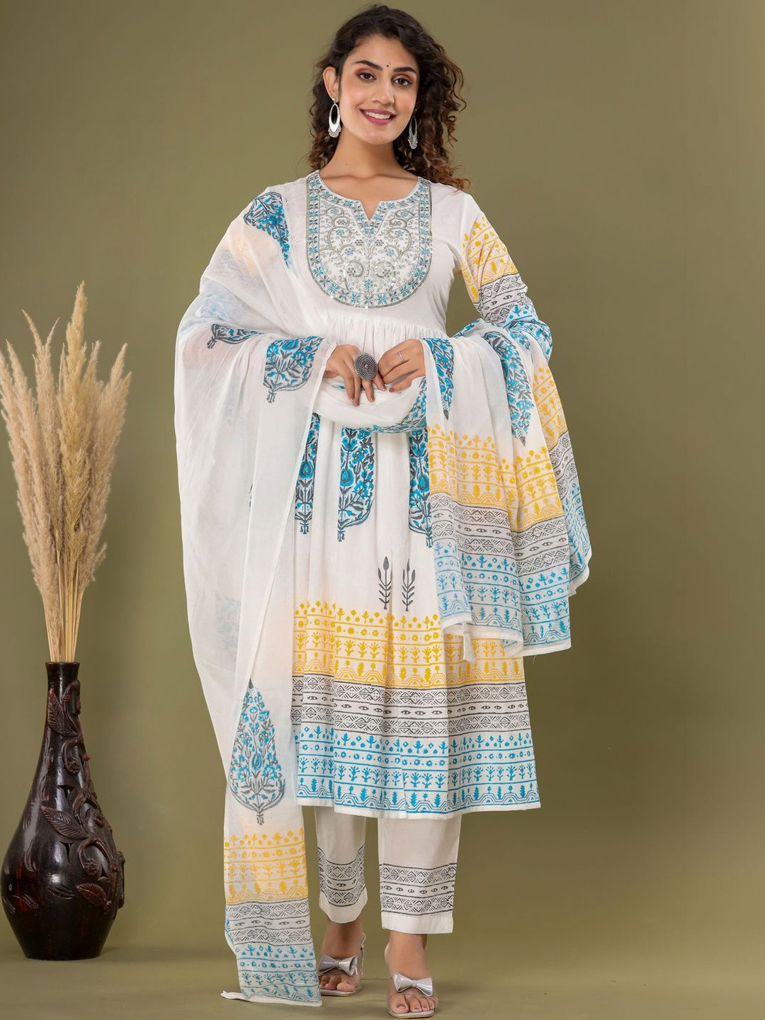 Aralia Women Ethnic Motifs Printed Tiered Thread Work Pure Cotton Kurta with Trousers & With Dupatta
