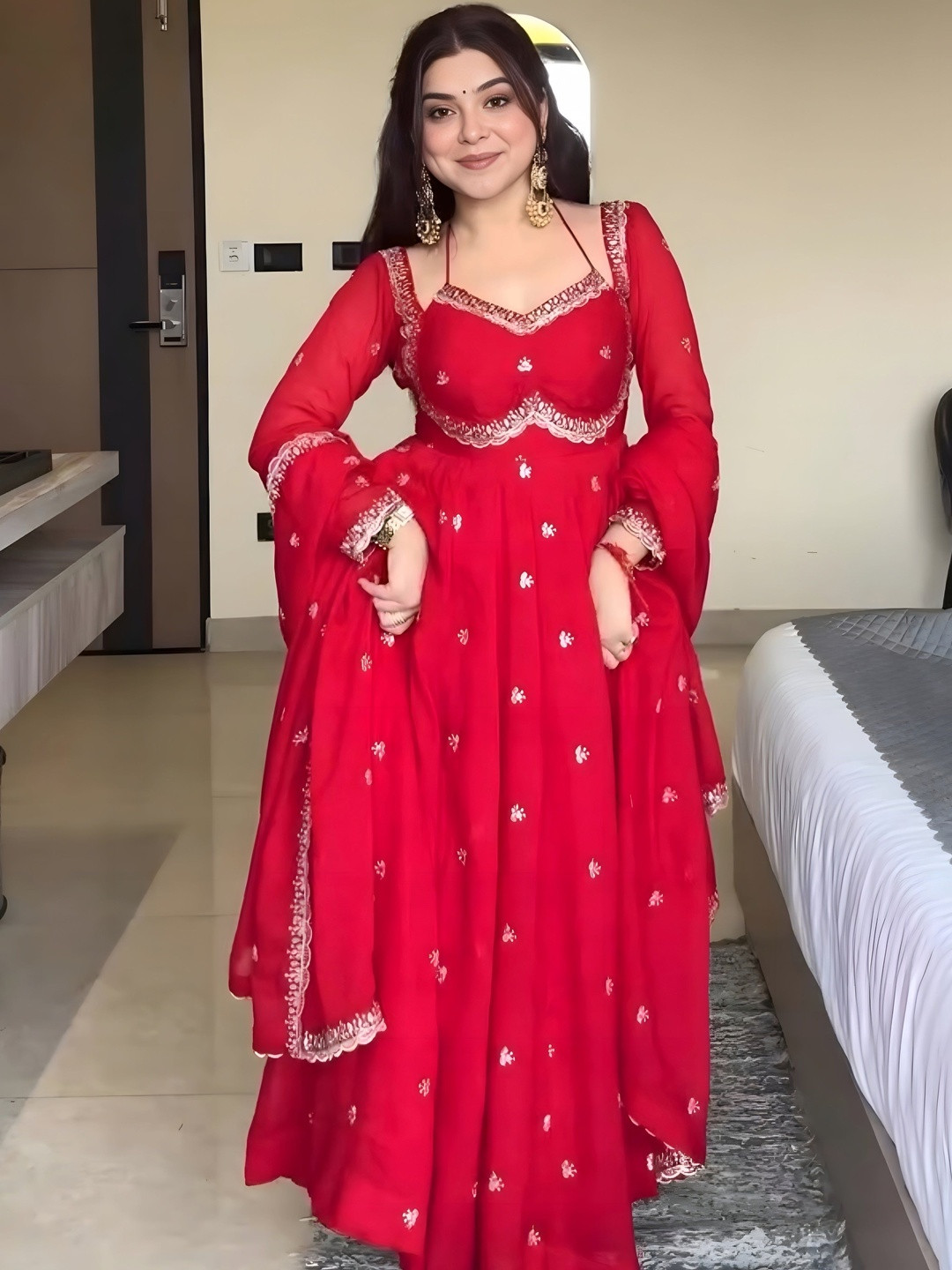 KALINI Women Ethnic Motifs Embroidered Empire Thread Work Kurta with Trousers & With Dupatta