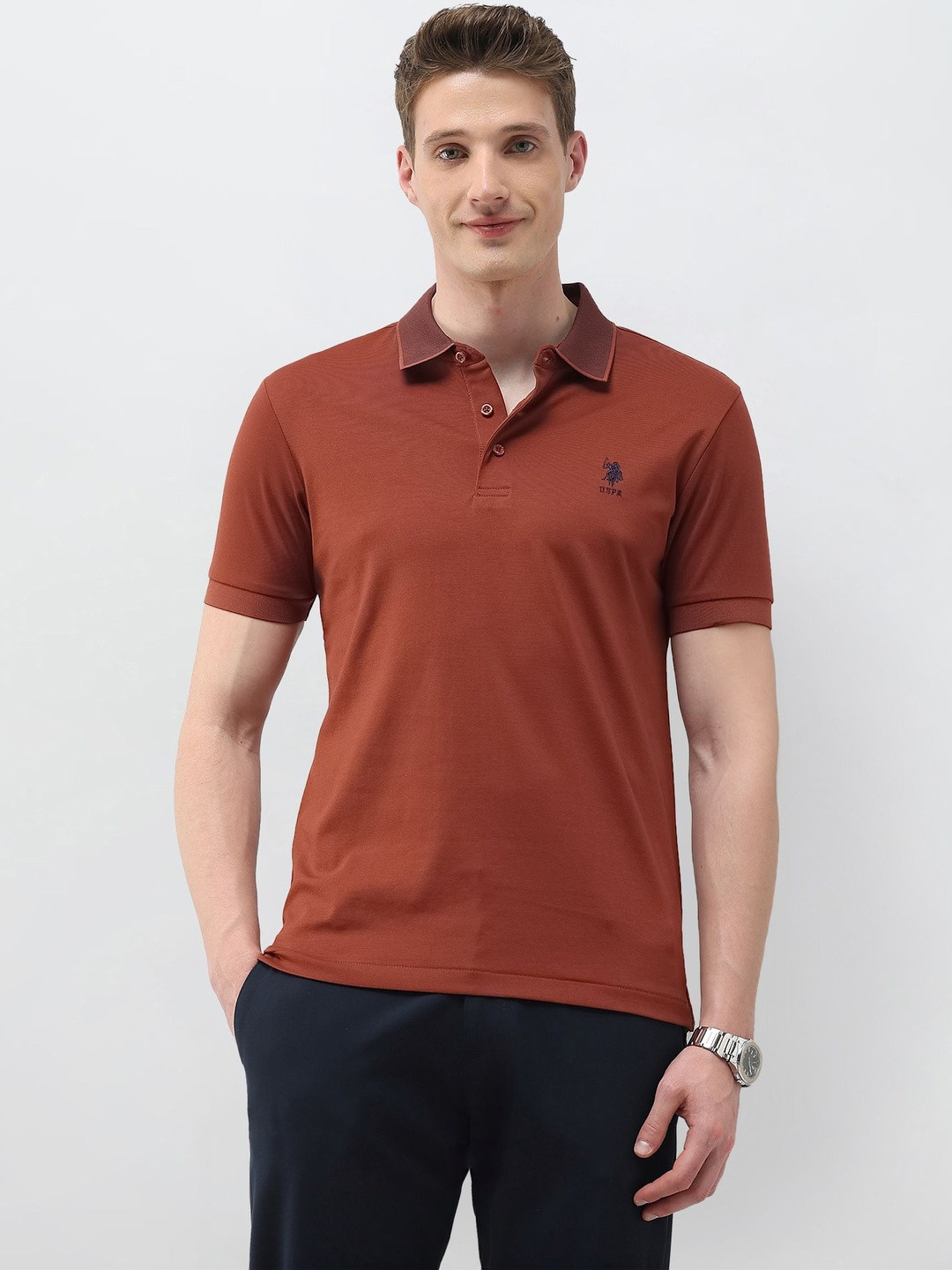 U.S. Polo Assn.Solid Jacquard Collar Pure Cotton Polo Collar T-shirt