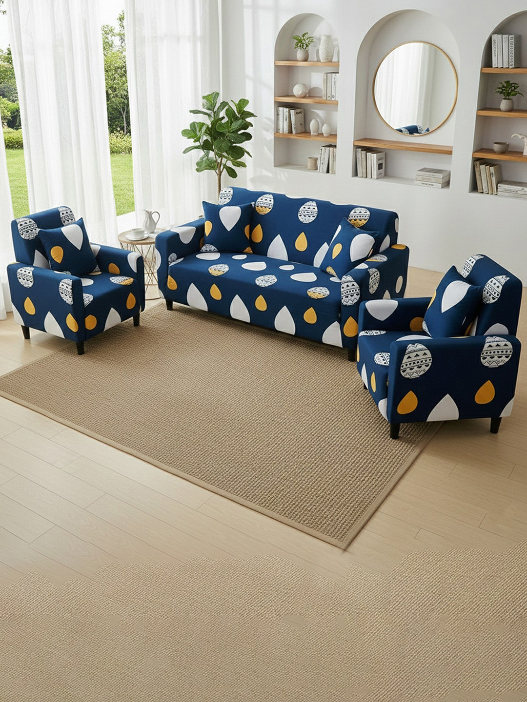 Furshine Blue & Navy Blue Printed Polyester 3 Piece Sofa Cover With Arms
