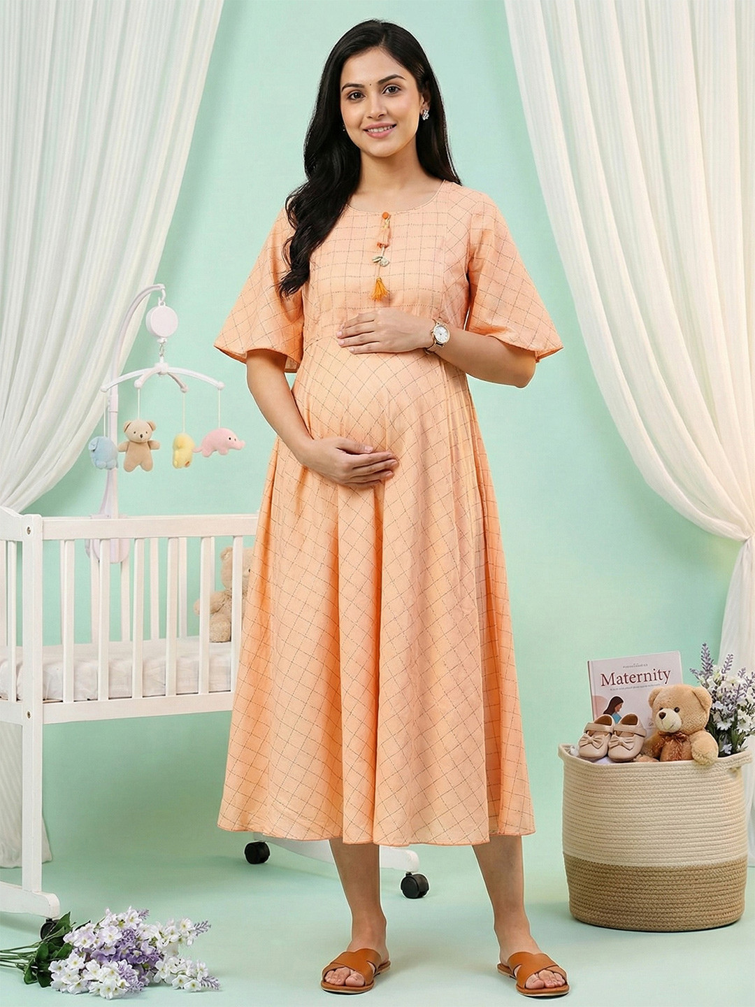 DUMMY SHAPE Checked Cotton Gotta Patti Empire Maternity Anarkali Kurta