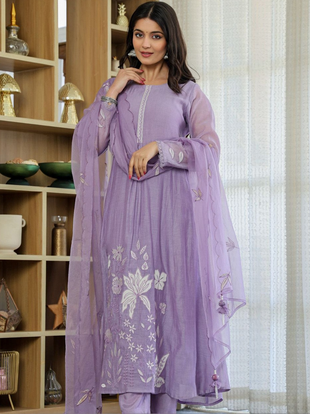all about you Floral Tiered Thread Work Chanderi Cotton Kurta with Trousers & With Dupatta