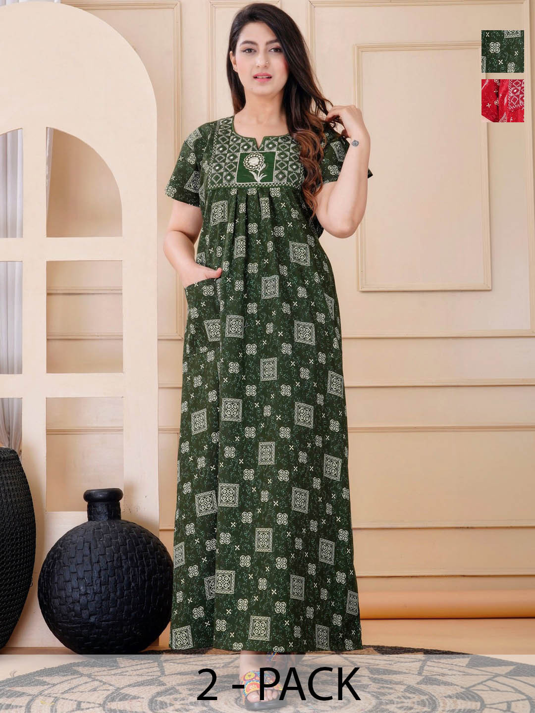 Serenita Packof 2 Pure Cotton Printed Nighty Nightrdess Maxi Gown