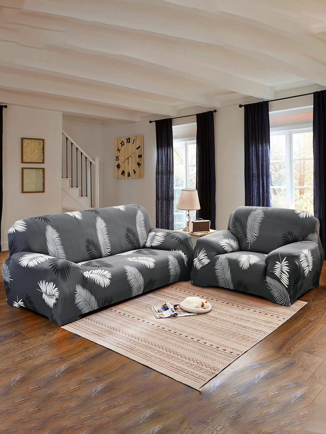 Furshine Grey & Grey Printed Polyester 3 Piece Sofa Cover With Arms