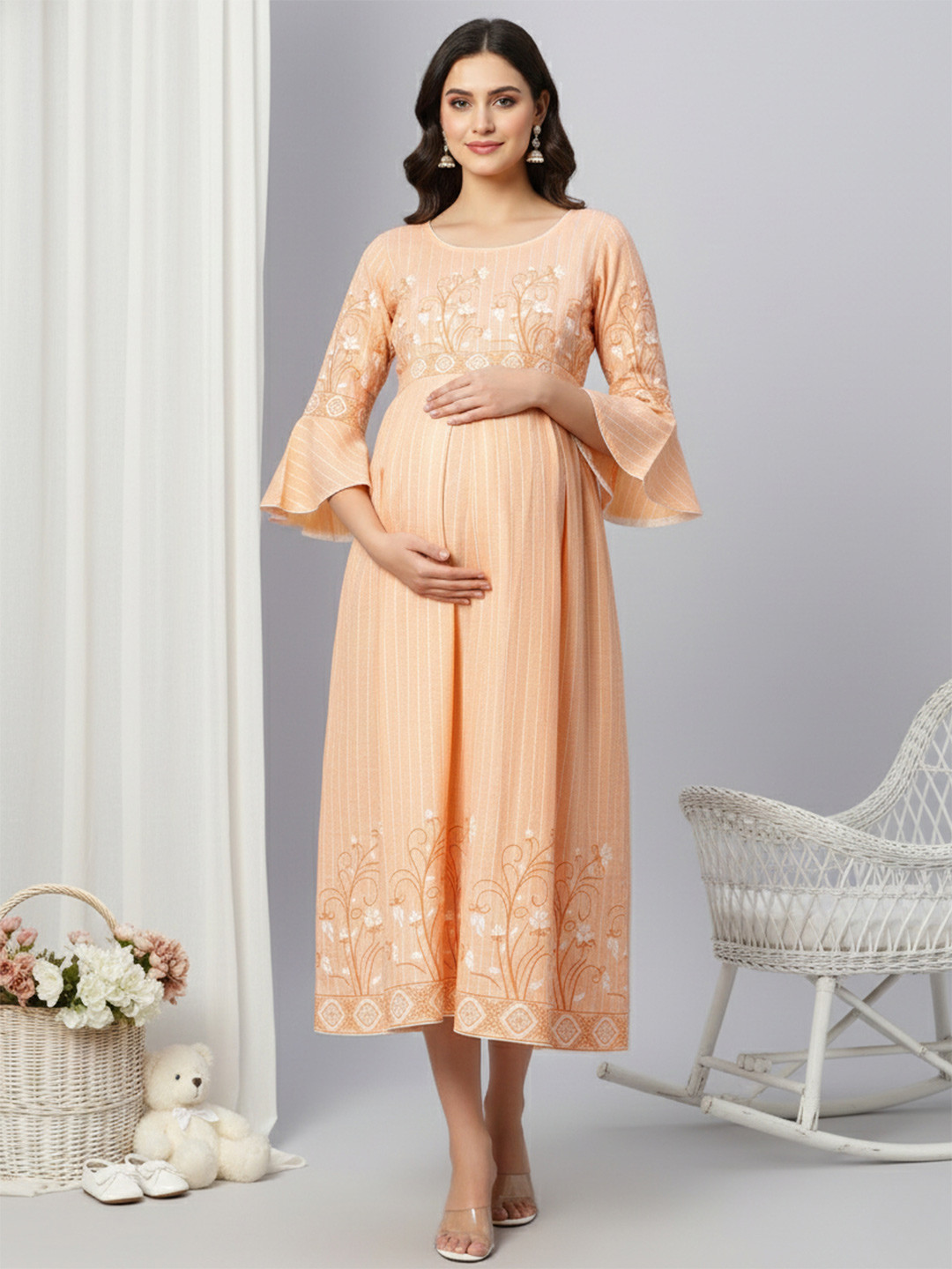 True Shape Floral Print Bell Sleeve Maternity Feeding Fit & Flare Midi Dress