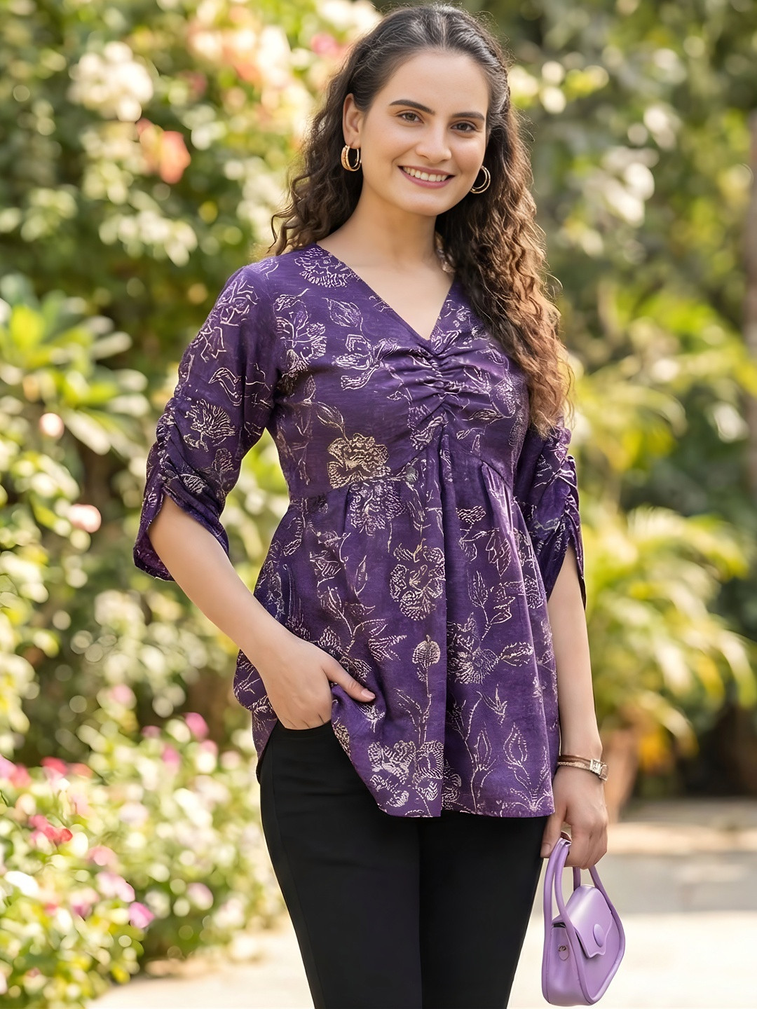 HIALTO Floral Printed V-Neck Gathered Cotton Top