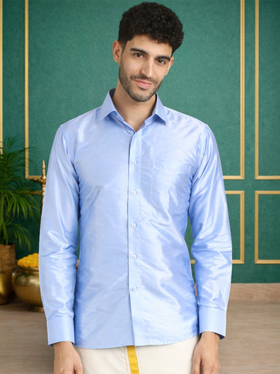 TATTVA Men Classic Fit Solid Spread Collar Silk Casual Shirt