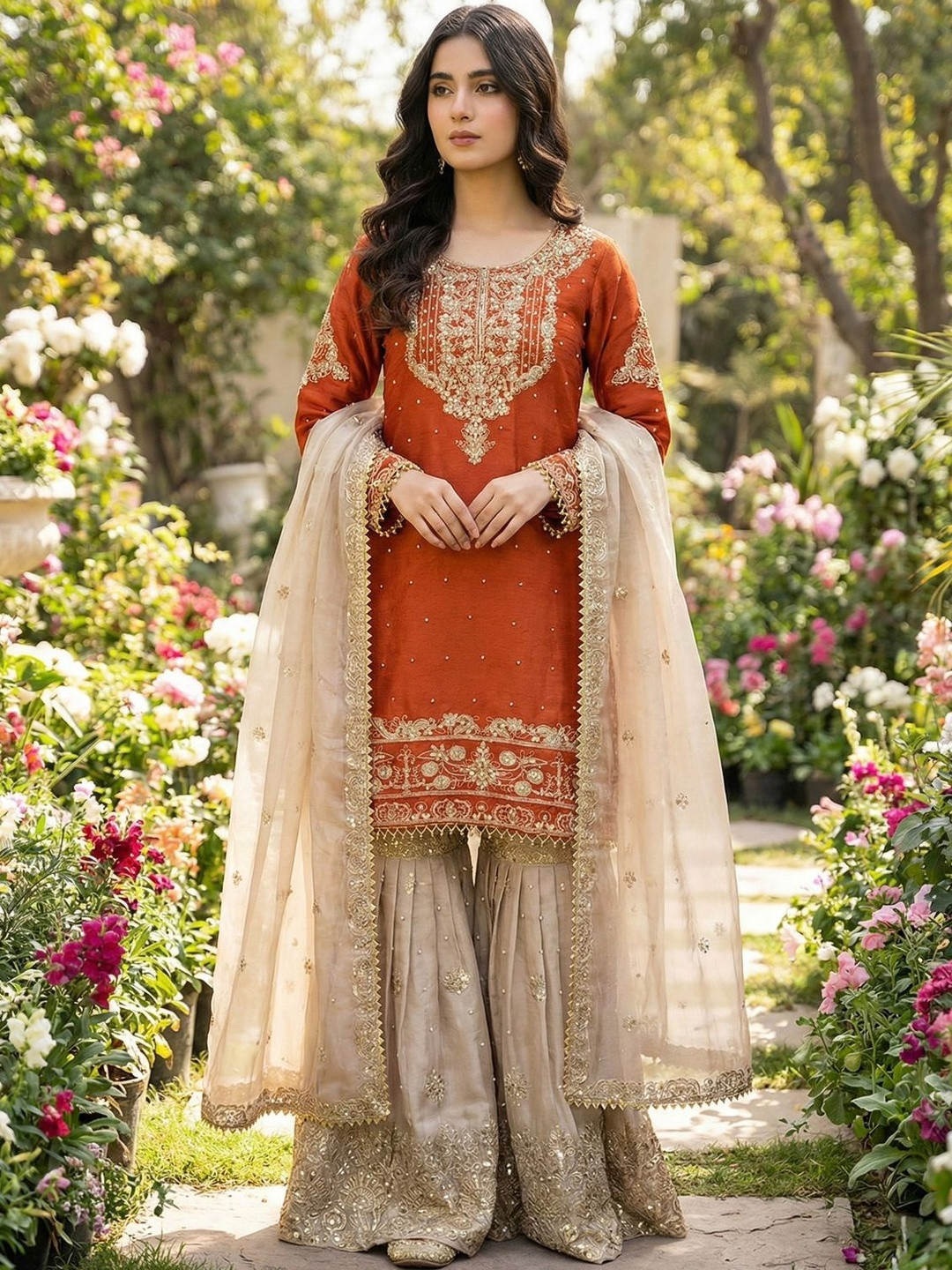 KALINI Women Ethnic Motifs Embroidered Regular Thread Work Kurta with Sharara & With Dupatta