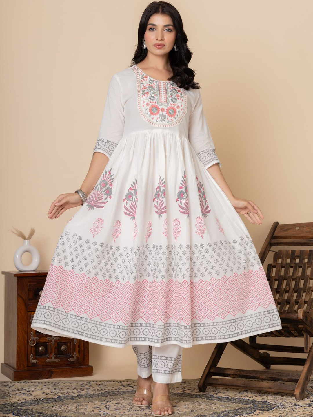 Aralia Women Ethnic Motifs Printed Empire Pure Cotton Kurta with Trousers & With Dupatta