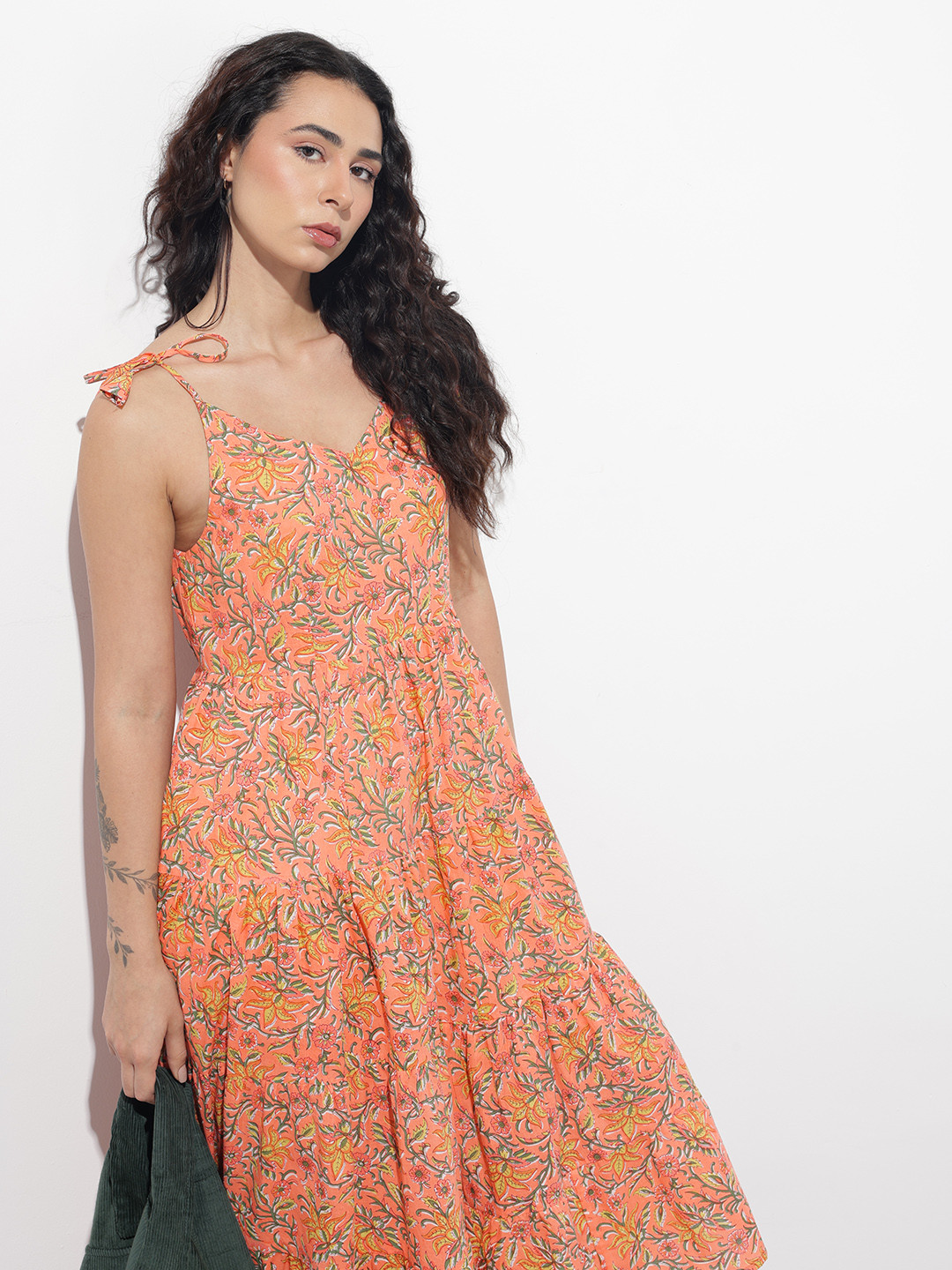 The Roadster Life Co. Floral Printed Shoulder Straps A-Line Midi Dress