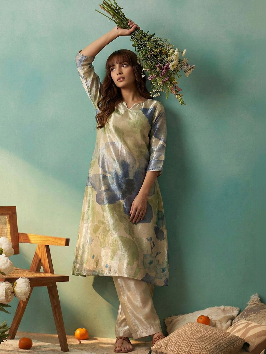 CHHAAP Floral Silk Printed Kurta Palazzo Set