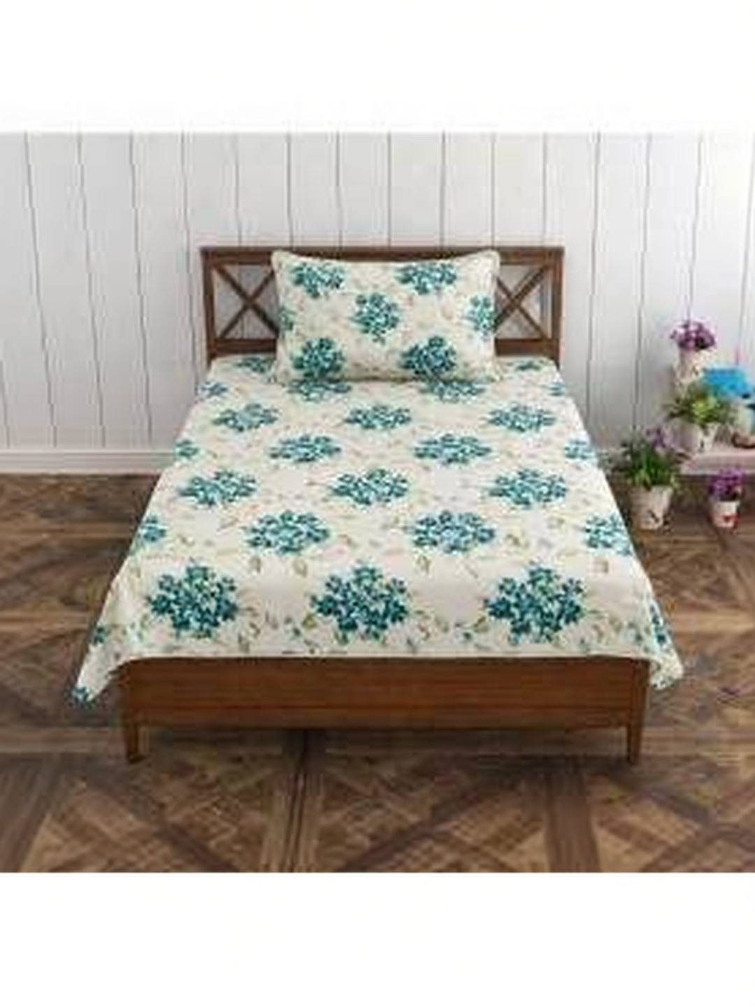 MAFATLAL White Floral 186 TC Single Bedsheet with 1 Pillow Covers