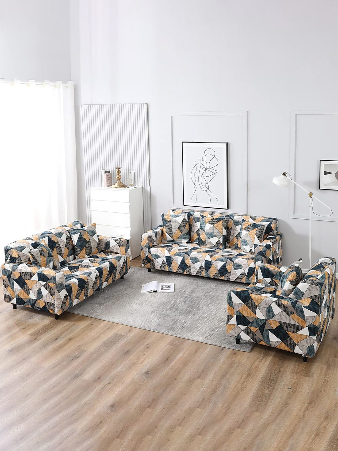 Furshine Multicoloured & Multicoloured Printed Polyester 3 Piece Sofa Cover With Arms