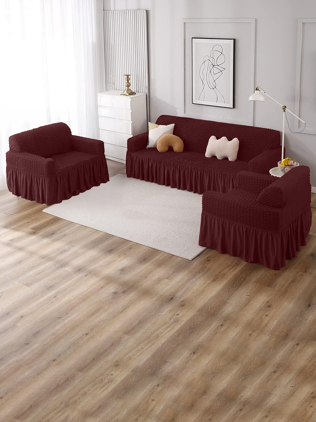 Furshine Red & Maroon Solid Polyester 3 Piece Sofa Cover With Arms