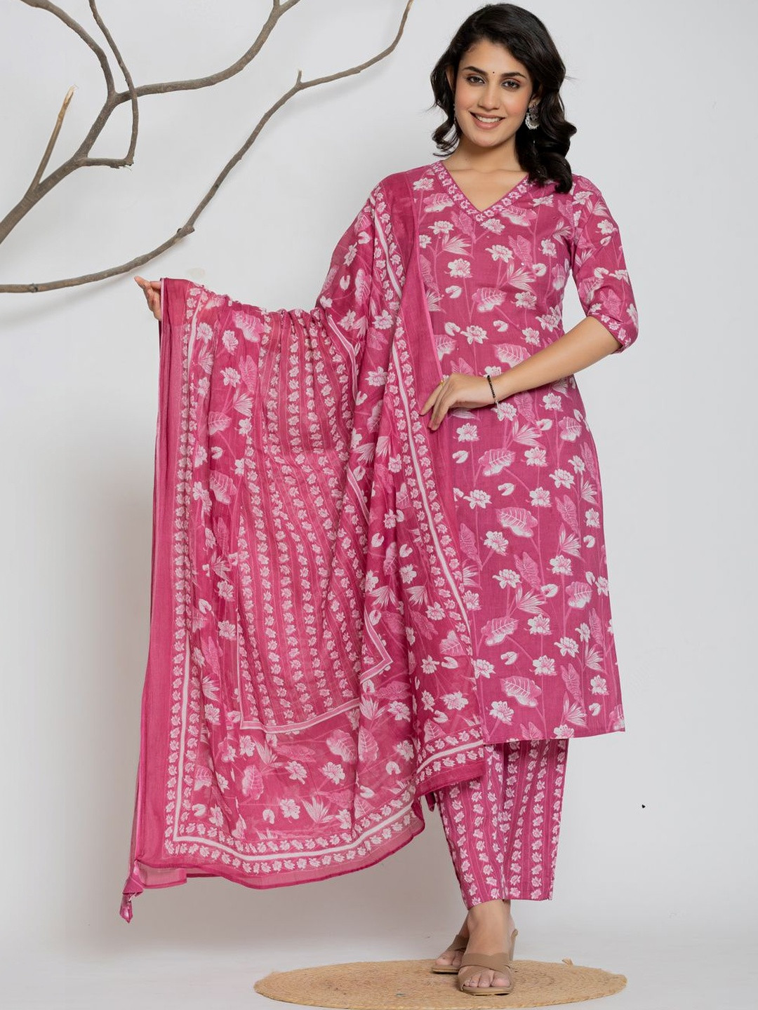 Aralia Women Floral Printed Regular Sequinned Pure Cotton Kurta with Trousers & With Dupatta