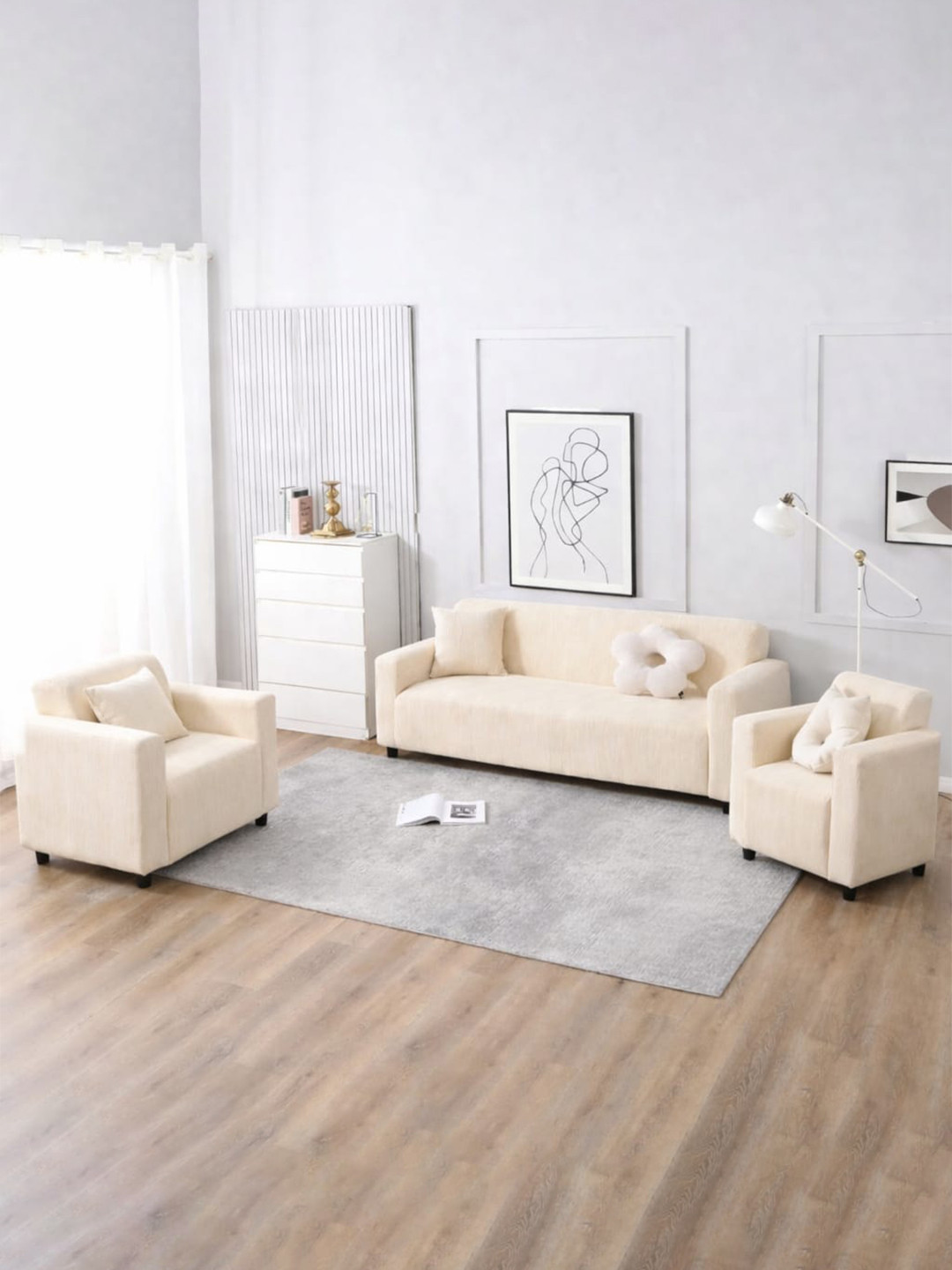 Furshine Cream-Coloured & Beige Striped Polyester 3 Piece Sofa Cover With Arms