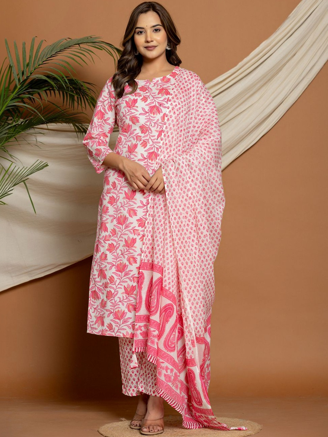 Aralia Women Floral Printed Regular Sequinned Pure Cotton Kurta with Trousers & With Dupatta