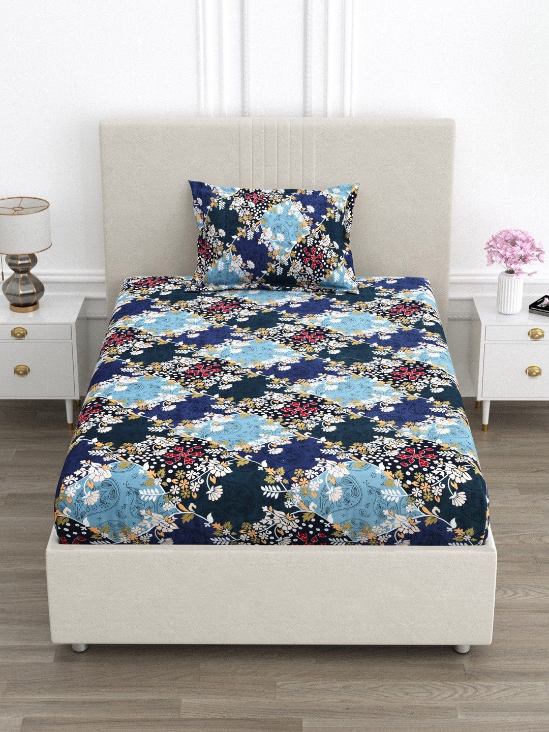 FABROLI Blue 300 TC Single Bedsheet with 1 Pillow Covers