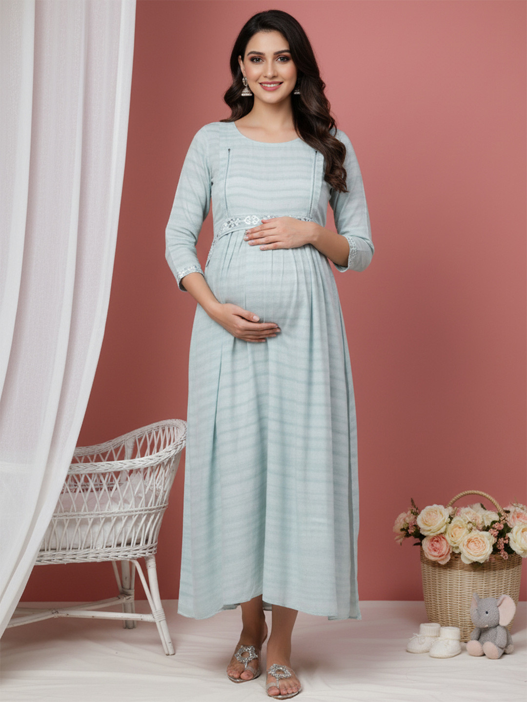 DUMMY SHAPE Striped Maternity Pure Cotton Maxi Dress With Belt