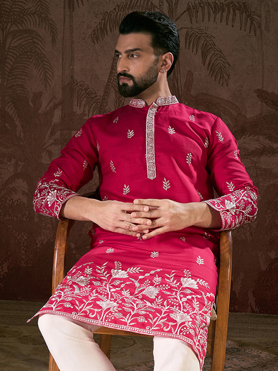 House of Pataudi Embroidered Mandarin Collar Kurta & Trousers Kurta Sets