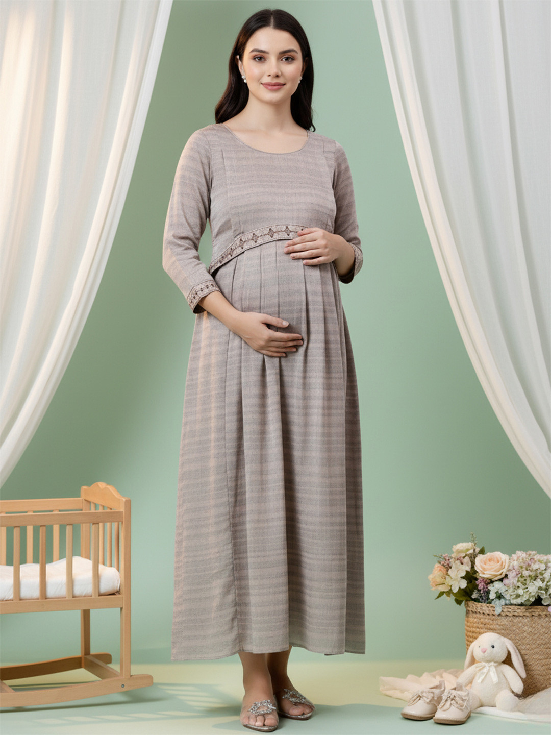 DUMMY SHAPE Embroidered Maternity Pure Cotton A-Line Dress