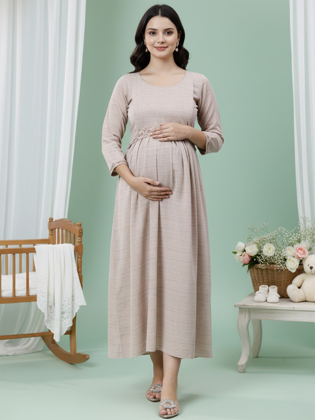 DUMMY SHAPE Round Neck Pure Cotton Maternity Fit & Flare Dress
