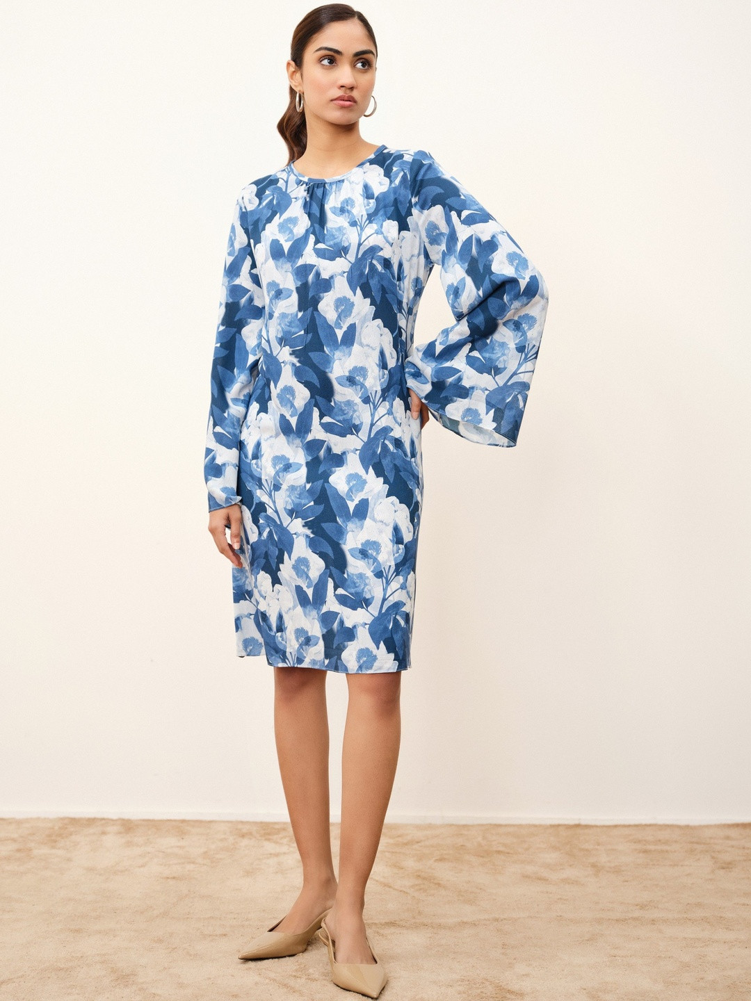 AND Floral Print Bell Sleeve Dress