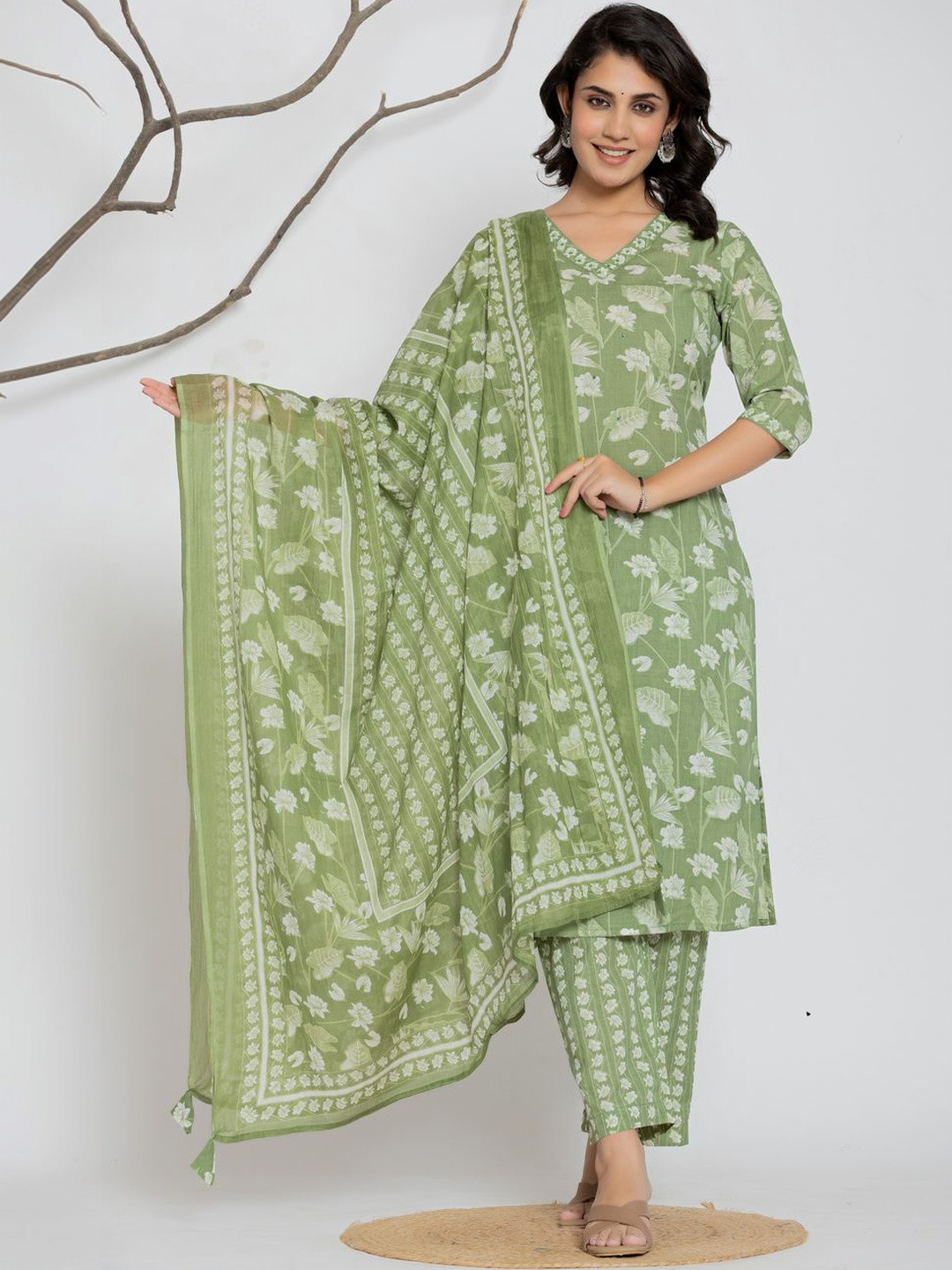 Aralia Women Floral Printed Regular Sequinned Pure Cotton Kurta with Trousers & With Dupatta